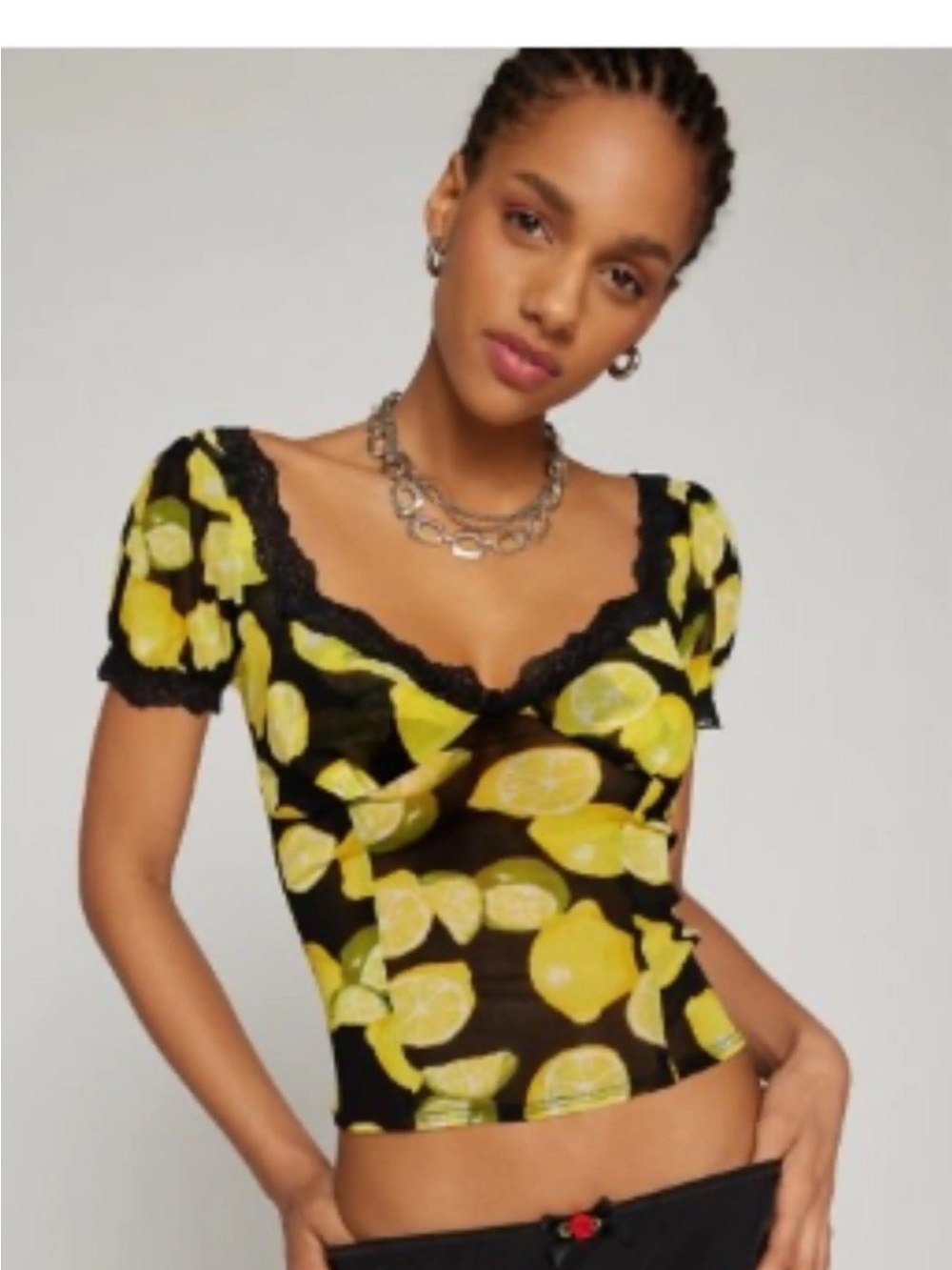 Kimchi Blue Black Lace Lemon-Print Camisole Sheer Girly Summer Top - Picture 4 of 4